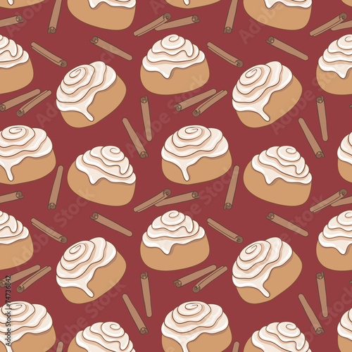 Seamless pattern with cinnamon rolls and sticks of cinnamon.