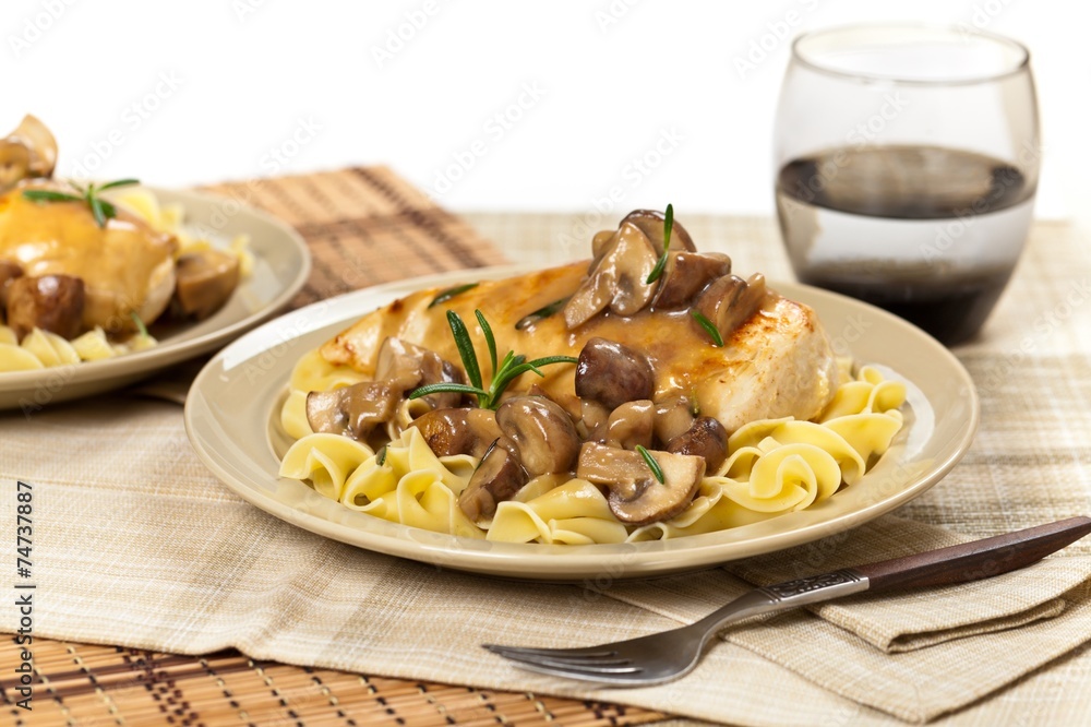 Chicken Marsala with Mushrooms and pasta. Selective focus