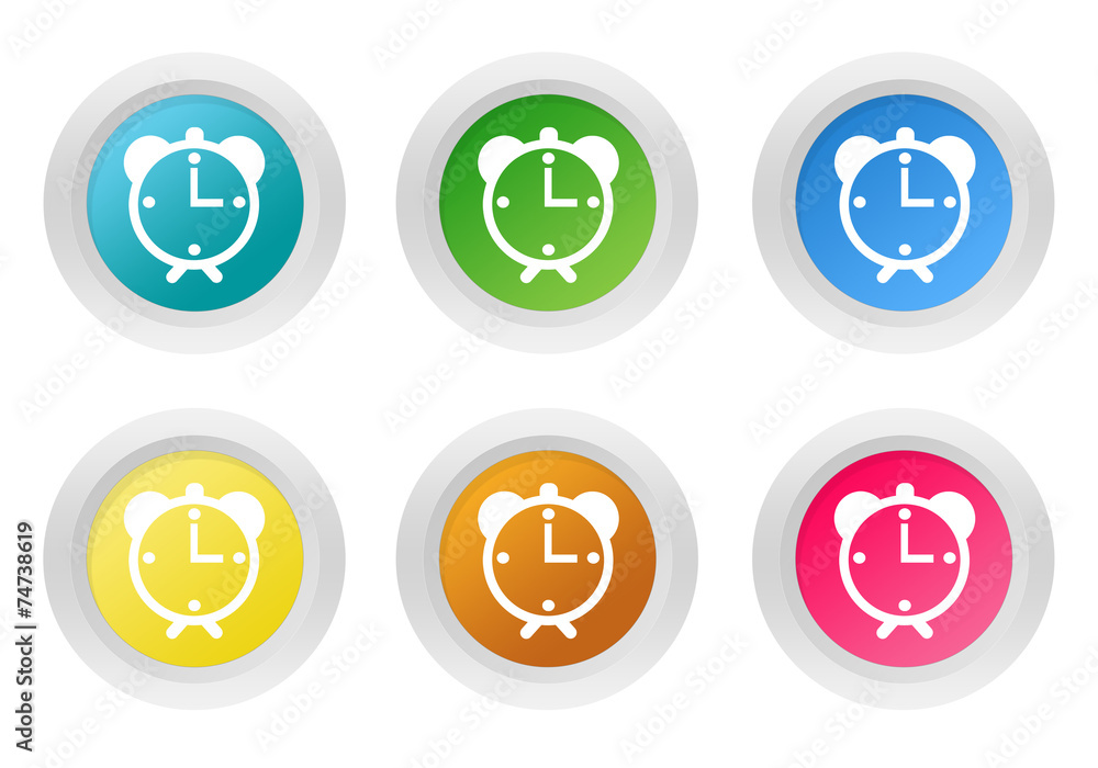 Set of rounded colorful buttons with alarm clock symbol Set of rounded colorful buttons with alarm clock symbol