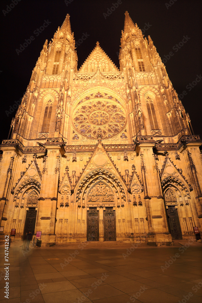 Gothic St. Vitus' Cathedral on Prague Castle in the Night