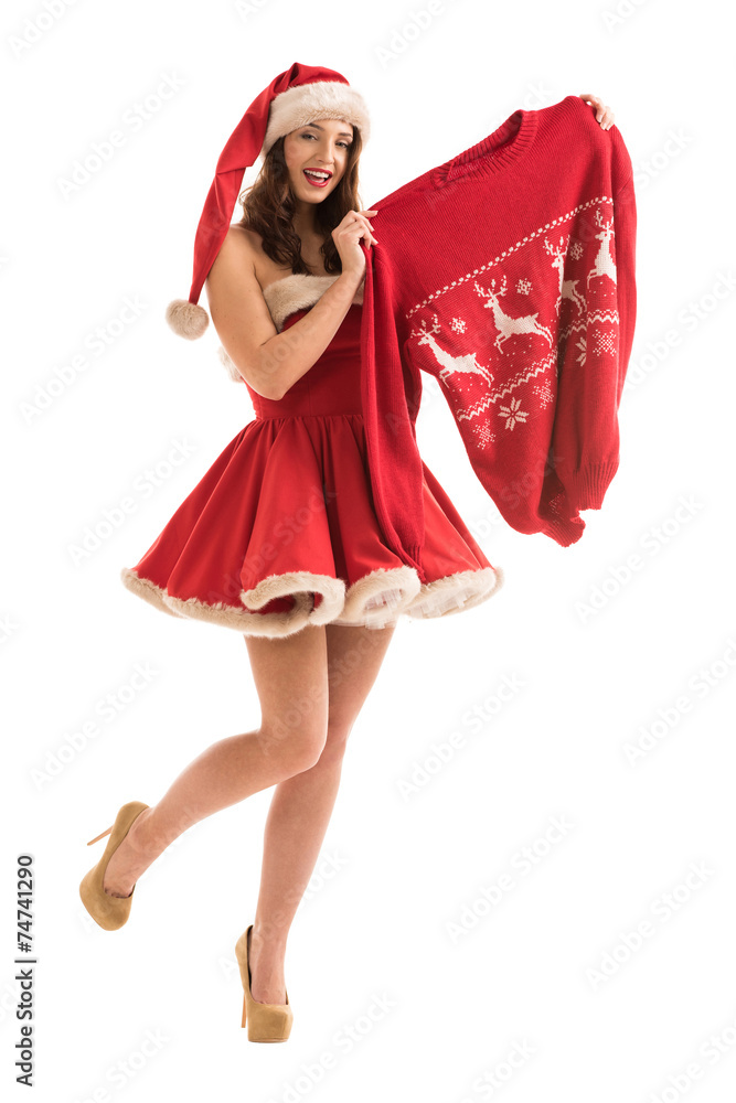 Christmas woman holding woolen sweater with christmas deers