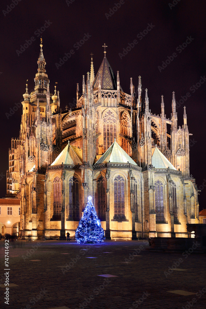 Night St. Vitus' Cathedral on Prague Castle with Christmas Tree