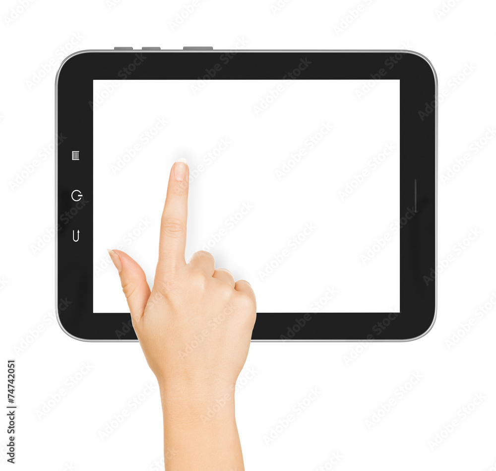 female hand using tablet pc with white screen, isolated female hand using tablet pc with white screen, isolated