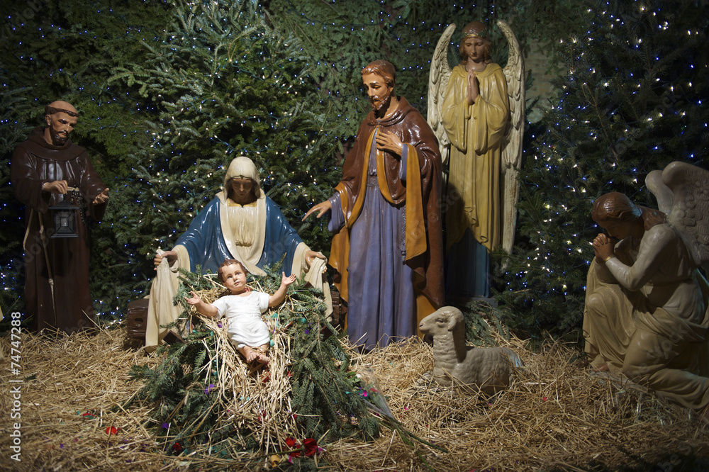 Christmas Nativity Scene with Pine Tree - obrazy, fototapety, plakaty 
