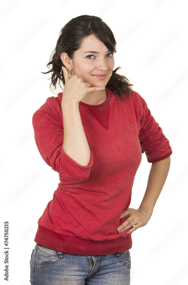 pretty young girl wearing red top gesturing call me phone with pretty young girl wearing red top gesturing call me phone with