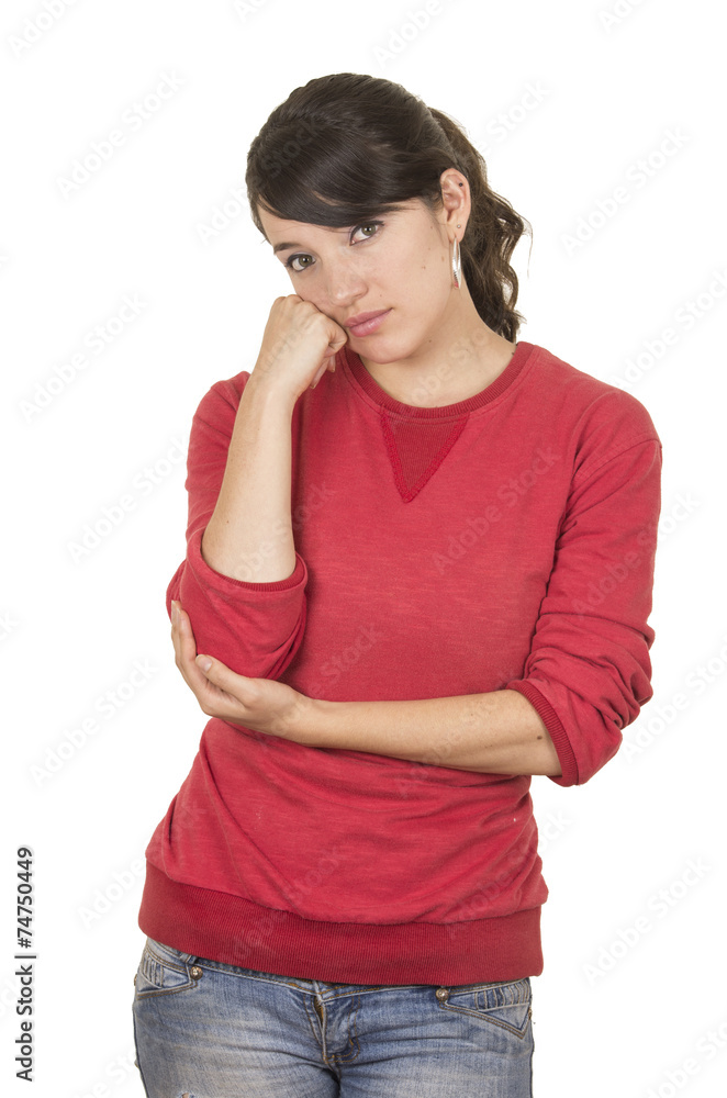 pretty young girl wearing red top posing with hand on cheek pretty young girl wearing red top posing with hand on cheek