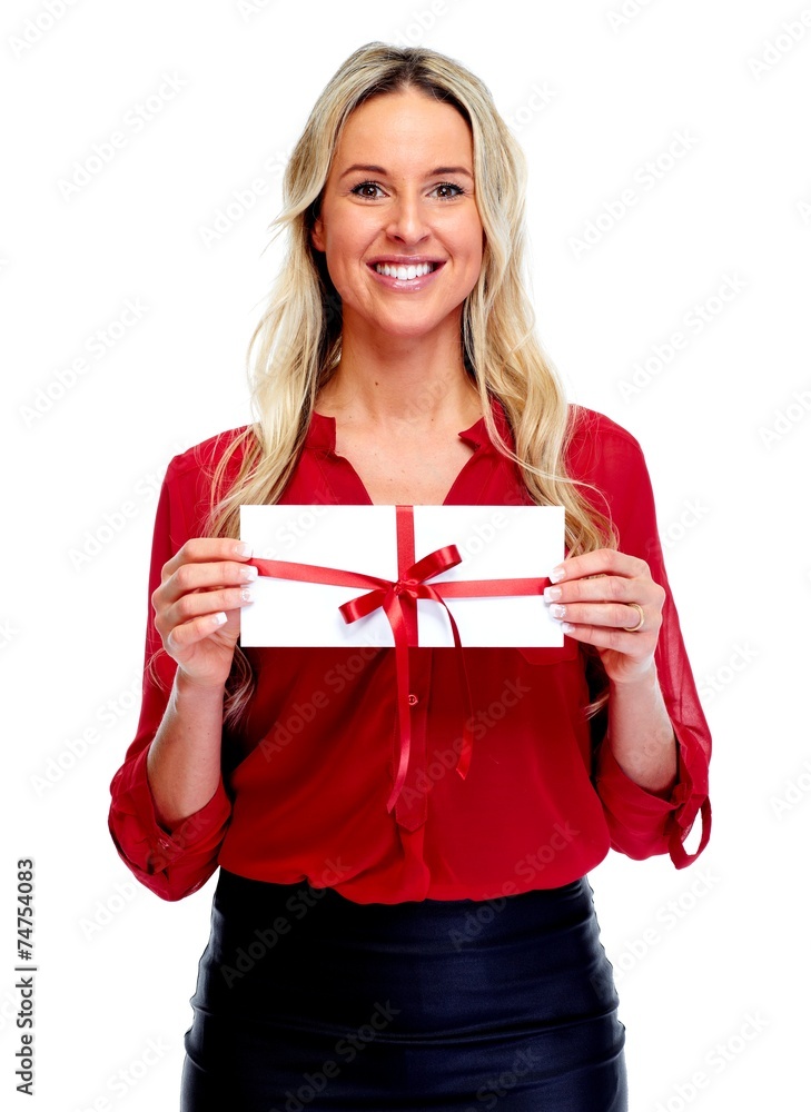 Fototapeta premium Happy Woman with envelope gift.