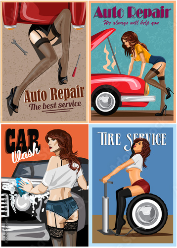 Set of posters. Woman  repairing the car. Retro style