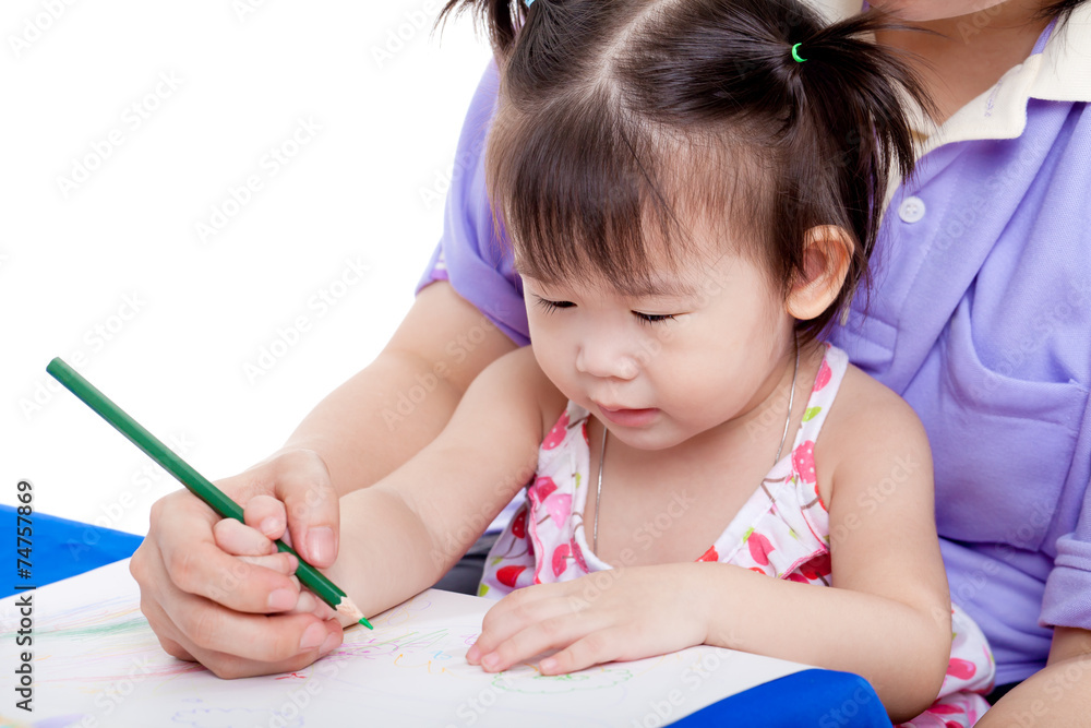 Mother with child girl draw and paint together Mother with child girl draw and paint together