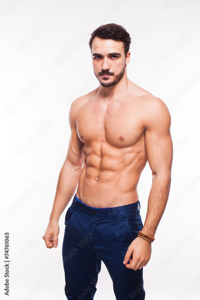 handsome adult man with healthy athletic body, half naked on whi Stock  Photo | Adobe Stock