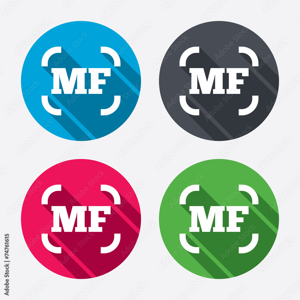 Manual focus photo camera sign icon. MF Settings Manual focus photo camera sign icon. MF Settings