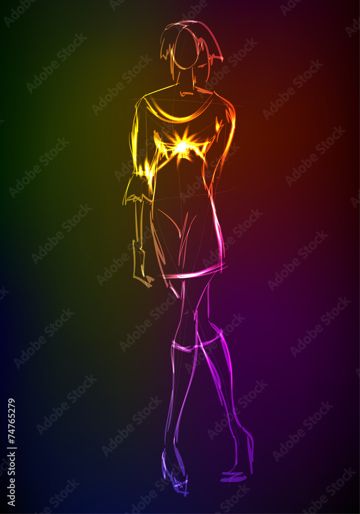 Hand-drawn fashion model from a neon. A light girl's Hand-drawn fashion model from a neon. A light girl's