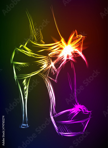 Neon illustration. Beautiful female high-heeled shoes