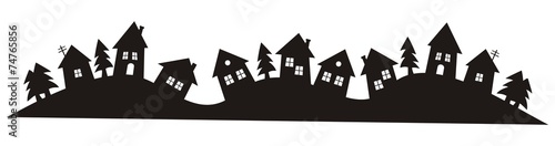 landscape, panorama, village,  houses and trees, black icon, decorative illustration, silhouette, vector
