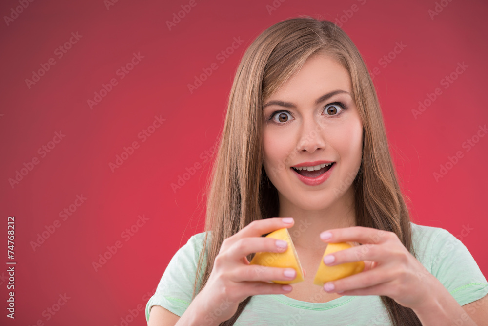 Beautiful girl on red background Beautiful girl on red background