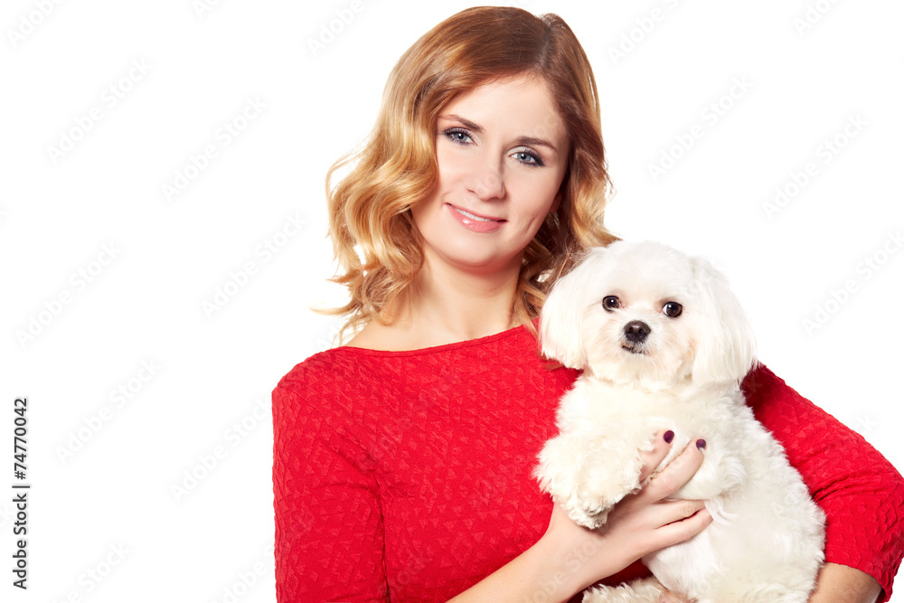 beautiful young woman and a sweet little white dog beautiful young woman and a sweet little white dog