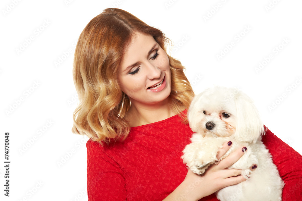 beautiful young woman and a sweet little white dog beautiful young woman and a sweet little white dog