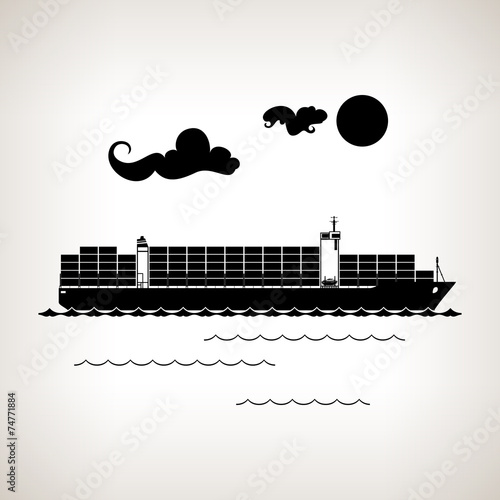 Silhouette cargo container ship on a light background