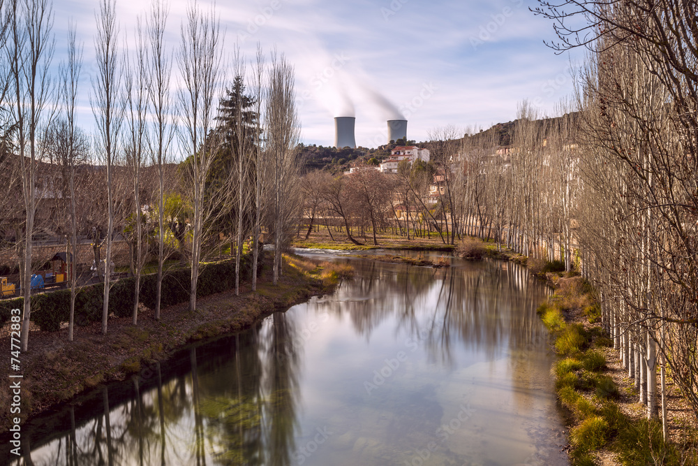 Nuclear power station and river. Trillo. Spain