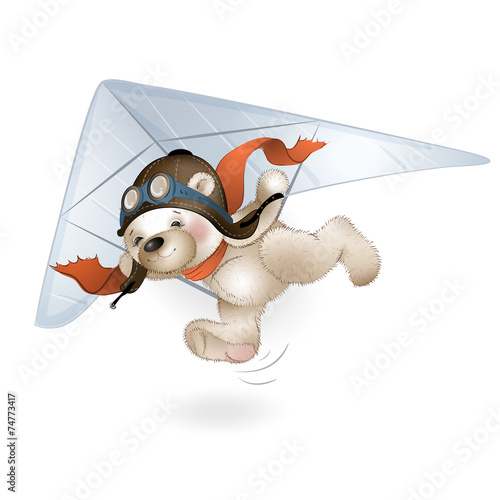 The Teddy bear is flying on a hang glider in the sky