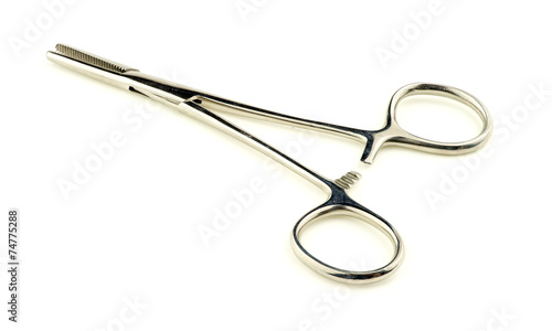 Macro closeup of stainless steel hemostat forceps isolated on wh