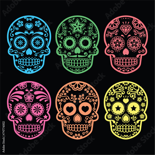 Mexican sugar skull, Dia de los Muertos icons on black