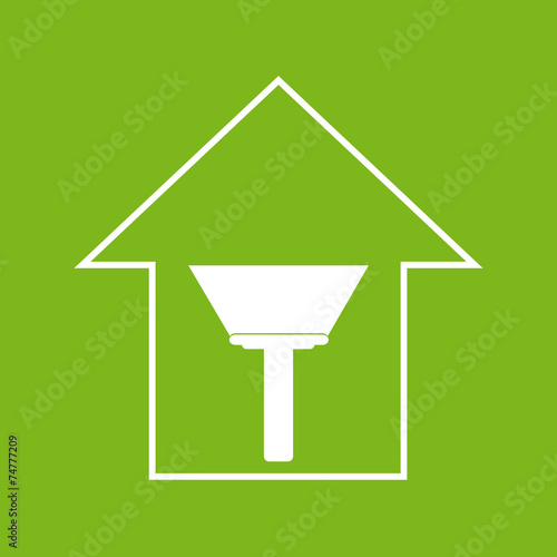 House with paint scraper. White on green