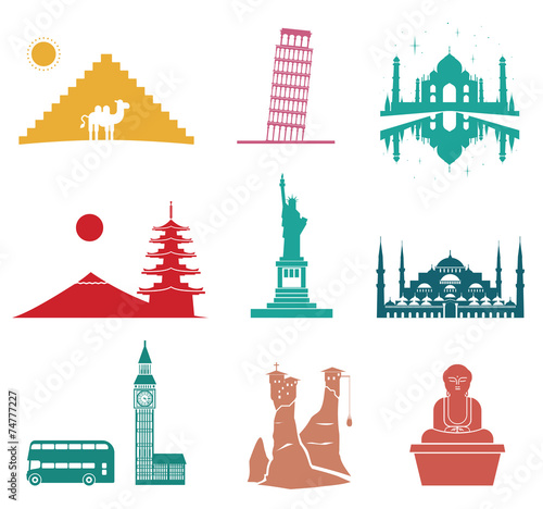 Famous monuments travel icons.