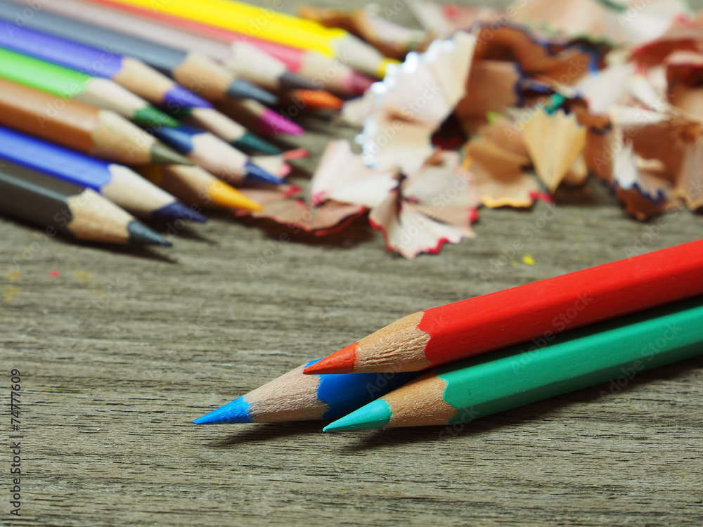 school supplies color pencils shavings isolated on wooden board school supplies color pencils shavings isolated on wooden board