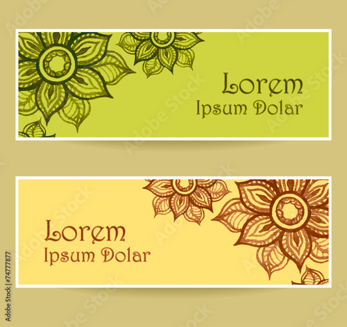 Banners with water color abstract flowers in green yellow brown