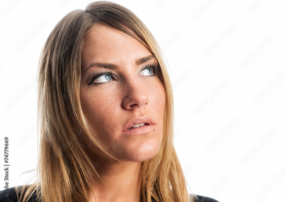 Beim Reden Nach Rechts Oben Schauen stock.adobe.com