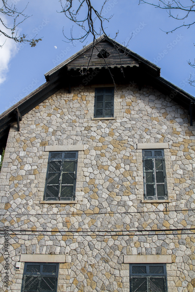 Close view of a beautiful vintage stone building.