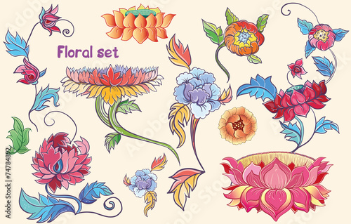 flowers vector set with lotuses and peonies. asian theme