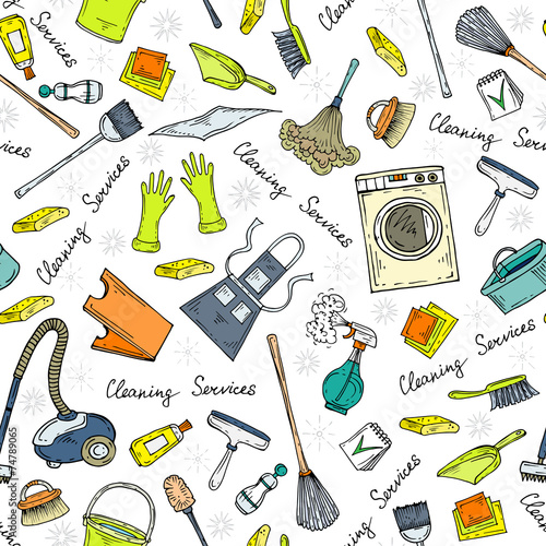 Vector pattern with hand drawn symbols of cleaning services