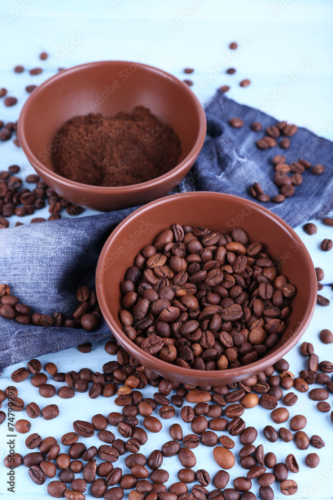 Two bowls of ground coffee and coffee beans