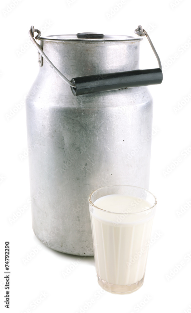 Retro can for milk and glass of milk, isolated on white