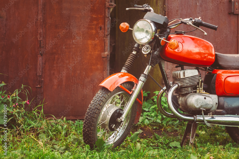 Vintage Red Motorcycle Generic Motorbike In Countryside