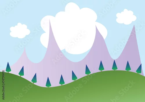 Obraz krajobraz górski z drzewami i chmurkami