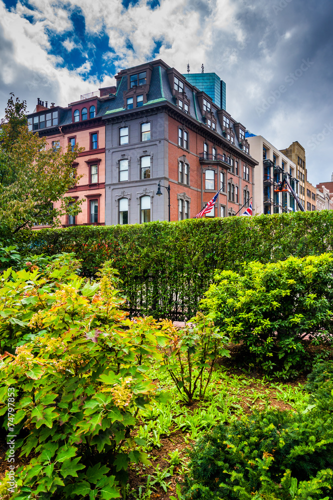 Beautiful garden and buildings in Boston, Massachusetts.