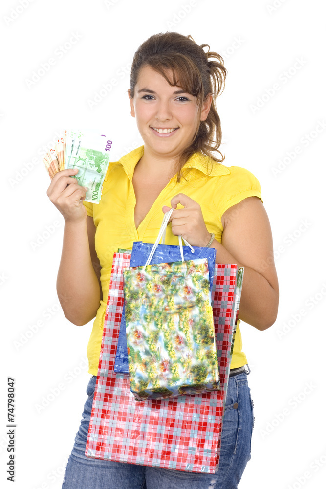 Happy girl holding shopping bags, isolated, on white background Happy girl holding shopping bags, isolated, on white background