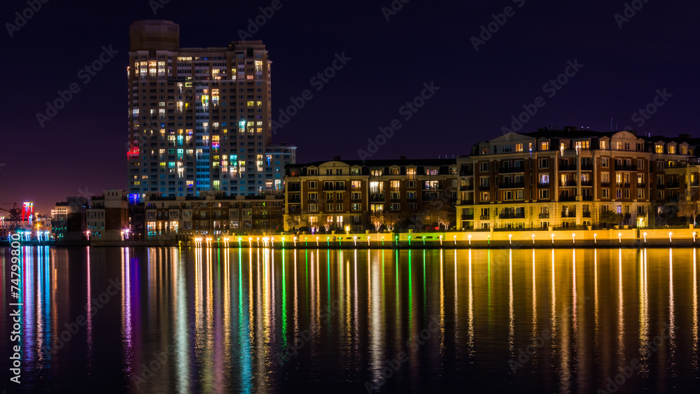 Buildings on the waterfront at night in the Inner Harbor, Baltim