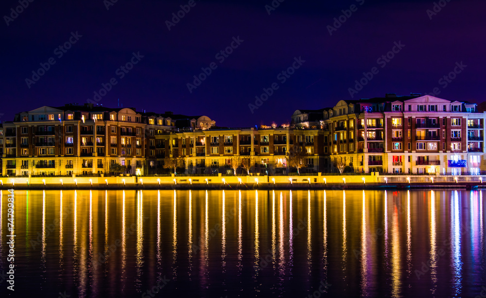 Buildings on the waterfront at night in the Inner Harbor, Baltim