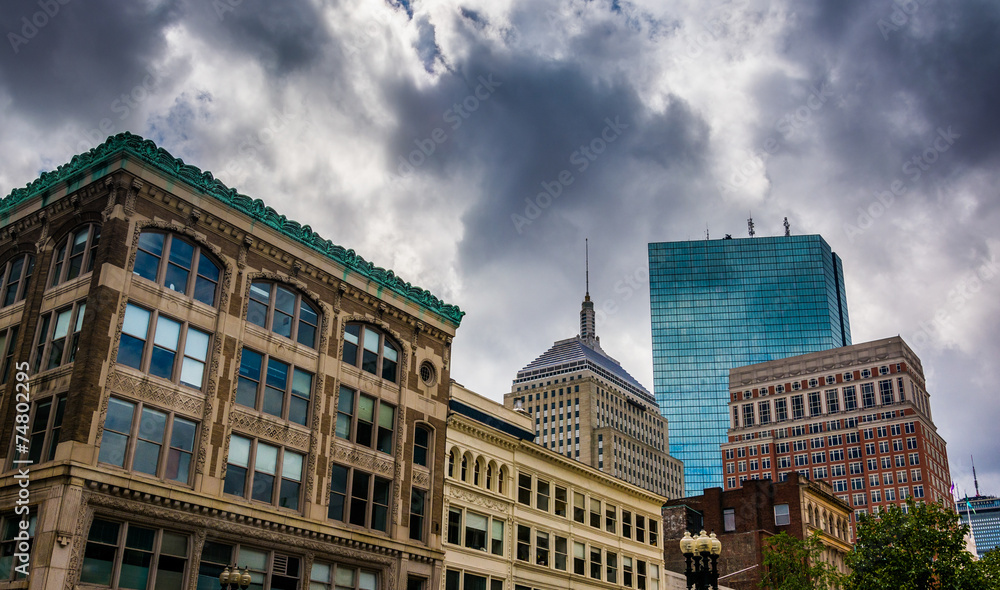 Dark clouds over buildings in Boston, Massachusetts.