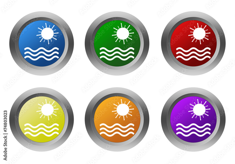 Set of rounded colorful buttons with beach symbol Set of rounded colorful buttons with beach symbol