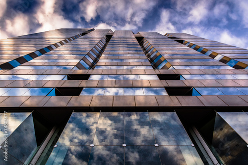 Evening sky reflecting in modern glass architecture at 250 West