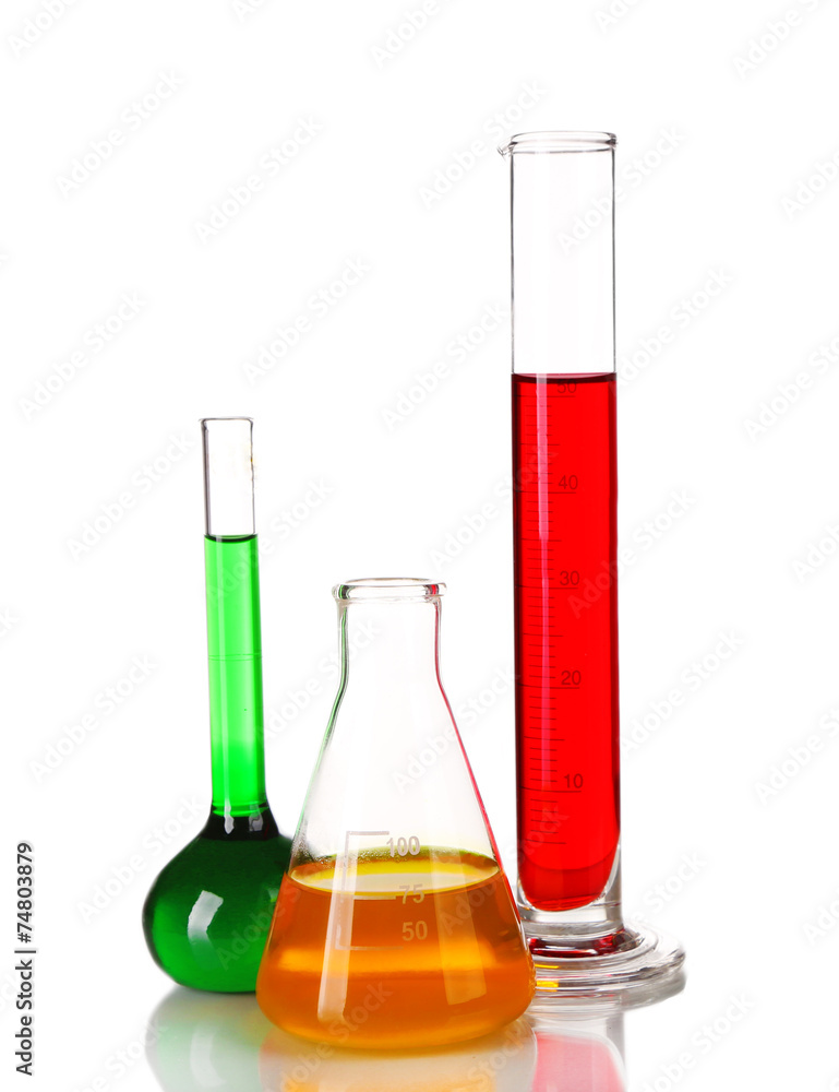 Test-tube and flasks with colorful fluid Test-tube and flasks with colorful fluid