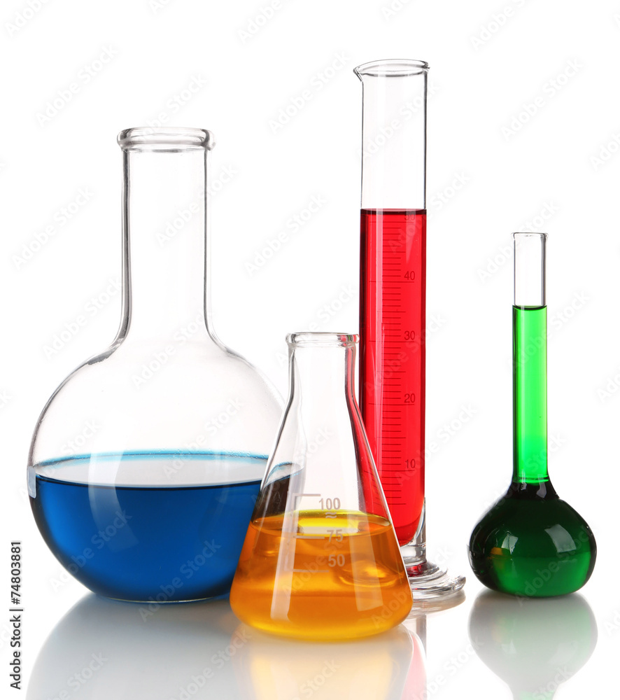 Test-tube and flasks with colorful fluid isolated on white Test-tube and flasks with colorful fluid isolated on white