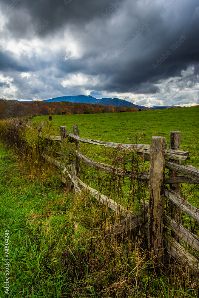 Fence in a farm field and view of Grandfather Mountain along the