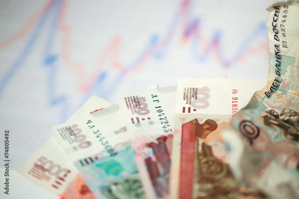 Russian money on the background of the financial schedules Russian money on the background of the financial schedules