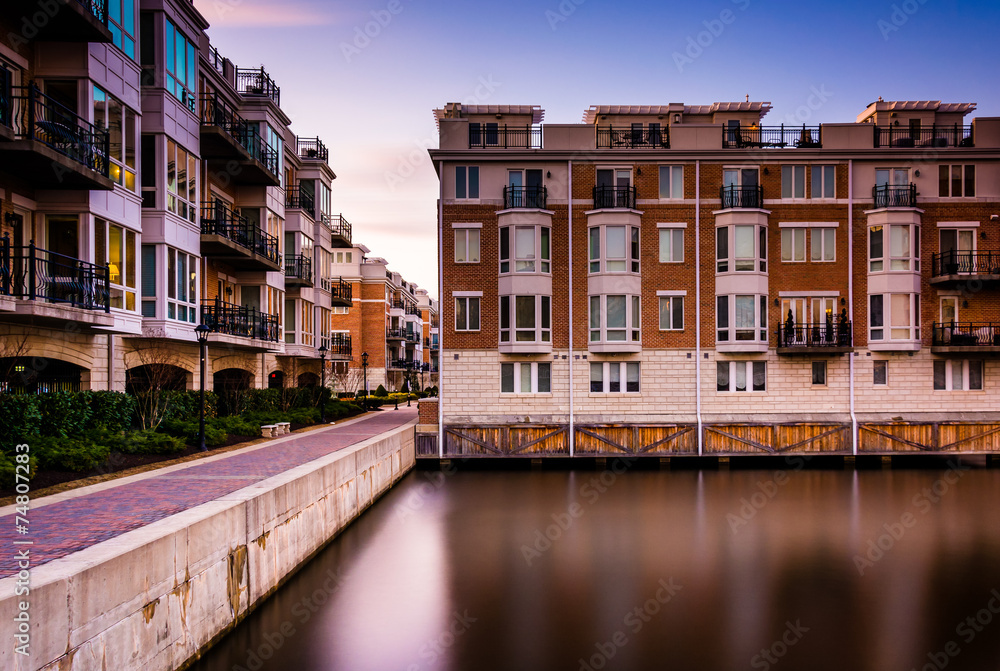 Long exposure at sunset of waterfront condominiums at the Inner